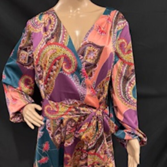 Tahari. Pink Teal Paisley Wrap Dress – Size 16 - Picture 1 of 6